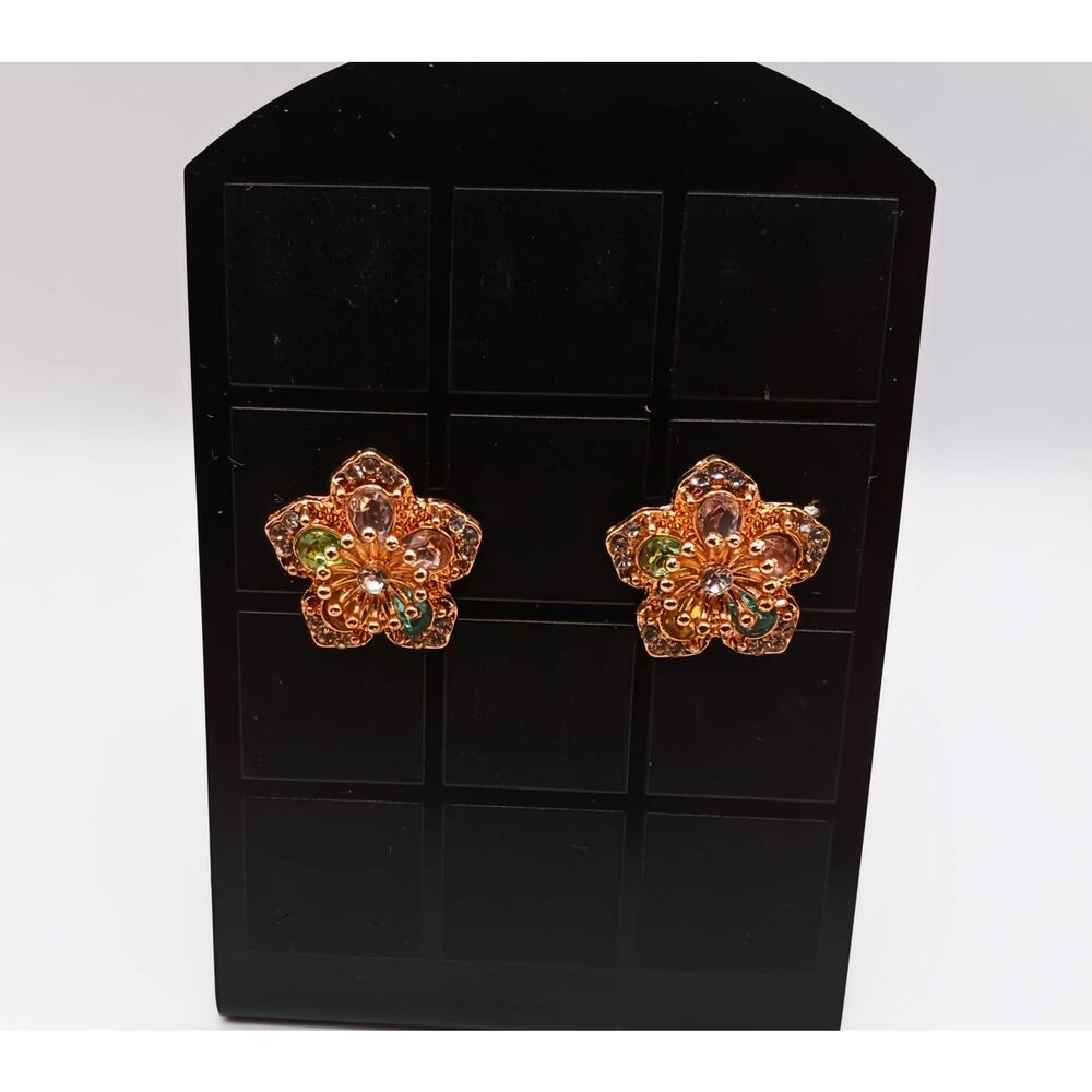 Gold Tone CZ Flower Stud Earrings Sparkly Floral Alloy